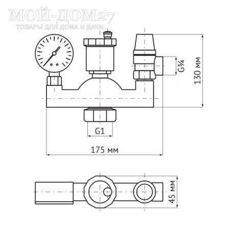 Группа безопасности котла 1” - 3/4” | Мой-Дом27 | Комплексная защита закрытой системы отопления от превышения максимально допустимого рабочего давления и отвода из неё воздуха, пара, газов<br>
 Диаметр подключения: 1"<br>
Диаметр сливного отверстия предохранительного клапана: 3/4"